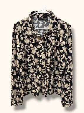 Tahari Blouse Womens XL Black Beige Floral Button Up Long Sleeve Collared Shirt